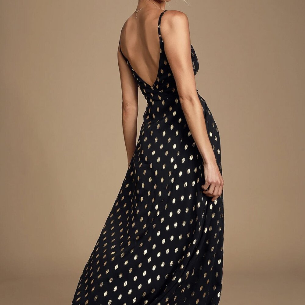 NWT Lulus Galaxy Lights Black and Gold Polka Dot Sleeveless Maxi Dress - Picture 4 of 9
